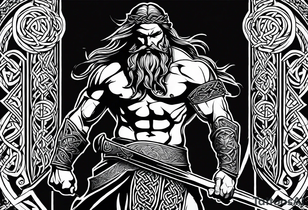 Side full body shot of Celtic warrior with sword in left hand and axe in right hand. tattoo idea
