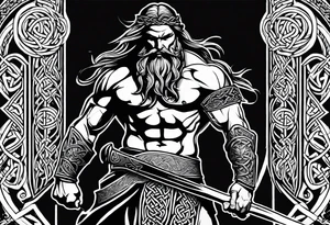 Side full body shot of Celtic warrior with sword in left hand and axe in right hand. tattoo idea