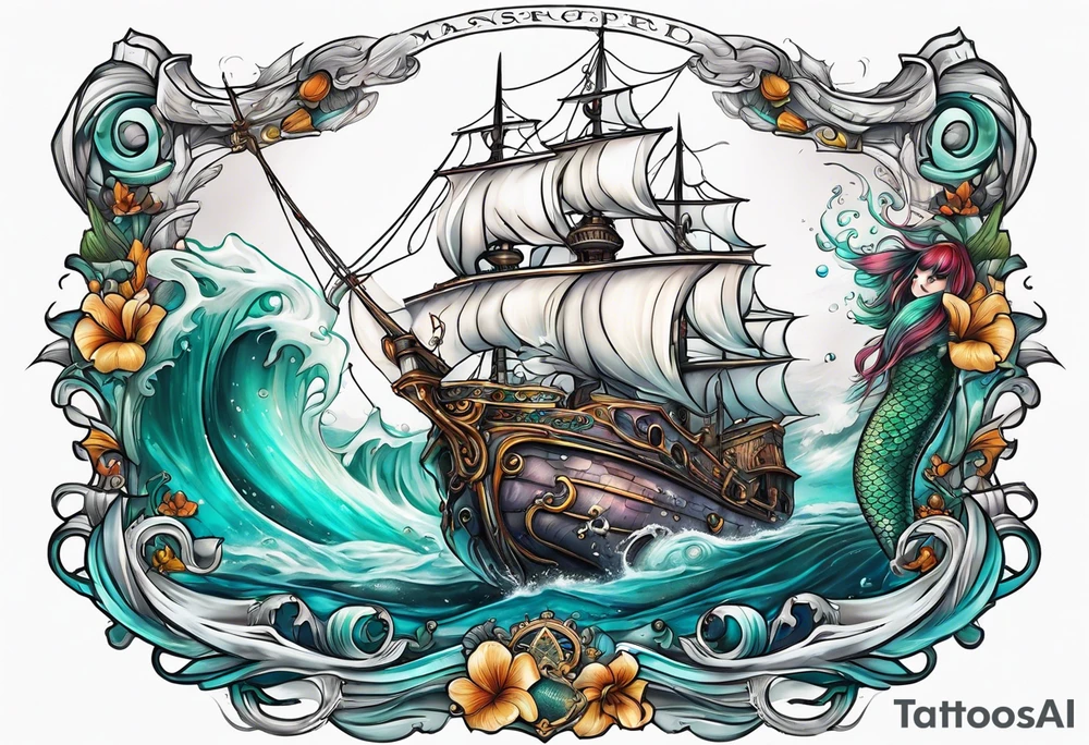 mermaid with galleon ship tattoo idea