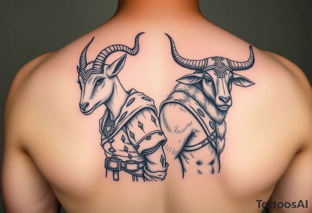 Feminine goat and ox dressed up as warriors tattoo idea