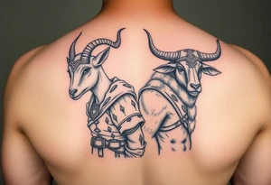 Feminine goat and ox dressed up as warriors tattoo idea