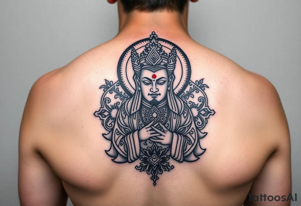 "Tibetan thangka tattoo but deity is a crypto wallet with QR face. Geometric patterns, black/red ink." tattoo idea