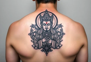 "Tibetan thangka tattoo but deity is a crypto wallet with QR face. Geometric patterns, black/red ink." tattoo idea