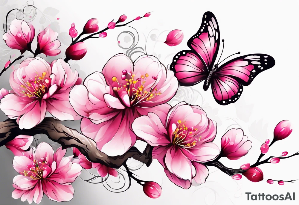 Vibrant, pink plum blossom branches with colorful butterflies tattoo idea