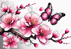Vibrant, pink plum blossom branches with colorful butterflies tattoo idea