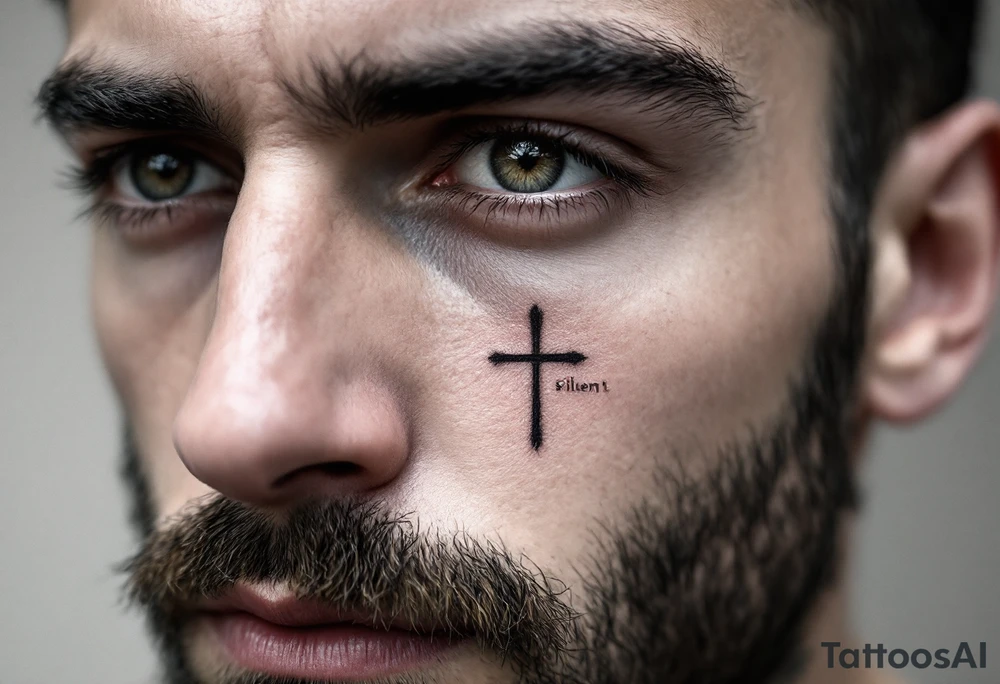 A tiny symmetrical cross under a man’s left eye, in charcoal black, paired with "Silent" in serif caps under the right. on man´s face under an eye. tattoo idea