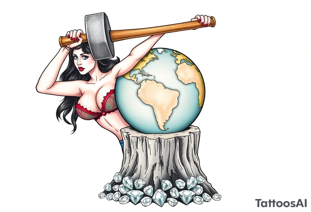 a very beautiful pin up girl, the pin up girl has her breasts exposed and in view, the pin up girl is wearing a g string, the pin up girl is swinging a large mallet overhead, the motion of swinging resembles an ax chopping wood, the mallet she is swinging is making contact with a earth globe, the earth globe is on top of a tree stump, the earth globe is half of the size of the diameter of the top surface of the tree stump, the earth globe is being squashed and compressed between the mallet and the trees stump, there is a pile of diamonds at the base of the tree stump, the idea is that the mallet is compressing the earth globe and the product is the diamonds that have fallen below, the idea is that the pin up girl if very beautiful, the idea is that pressure makes diamonds tattoo idea
