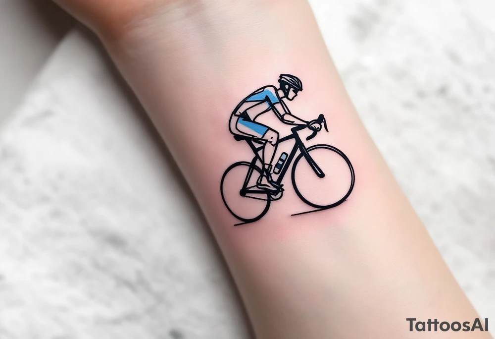 A minimalist line-art cyclist, drawn in a single continuous stroke in black ink with subtle blue highlights for depth. tattoo idea