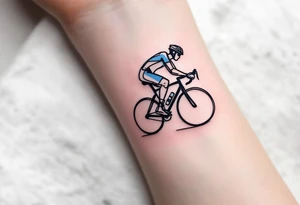 A minimalist line-art cyclist, drawn in a single continuous stroke in black ink with subtle blue highlights for depth. tattoo idea