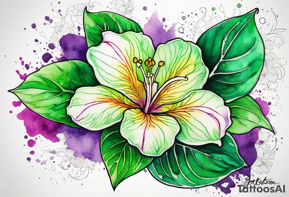 An outline of an only green rio dipladenia flower and a green and purple watercolor splash in the background tattoo idea