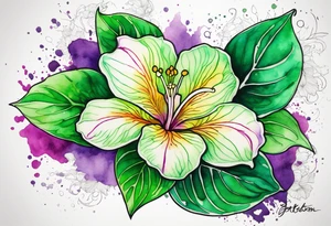 An outline of an only green rio dipladenia flower and a green and purple watercolor splash in the background tattoo idea