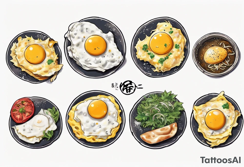 A round omlette, thin 5 fried eggs with salt pepper and a bit greens and shredded cheese on the top tattoo idea