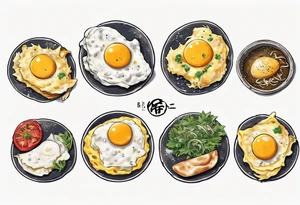 A round omlette, thin 5 fried eggs with salt pepper and a bit greens and shredded cheese on the top tattoo idea
