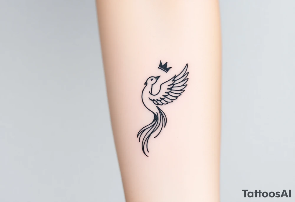 Minimal phoenix and crown fine lines tattoo idea