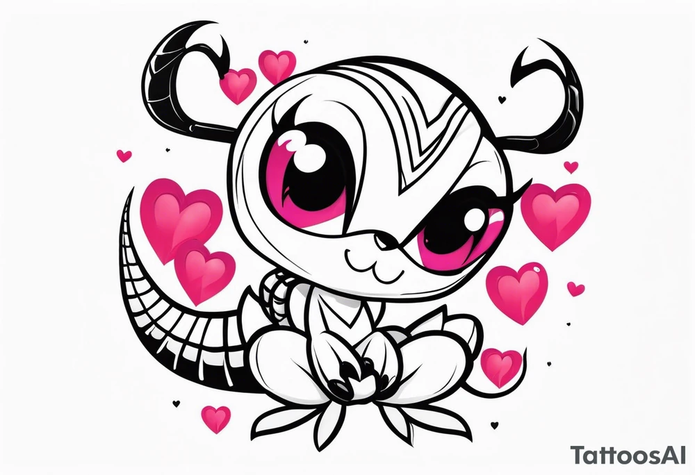 Scorpion drawn in Powerpuff girl style with body segments, head and claws made of hearts tattoo idea