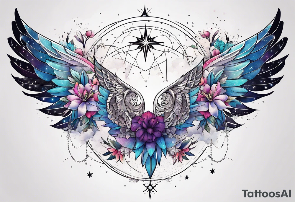 Constellation, wing , snow , géométric , flower tattoo idea