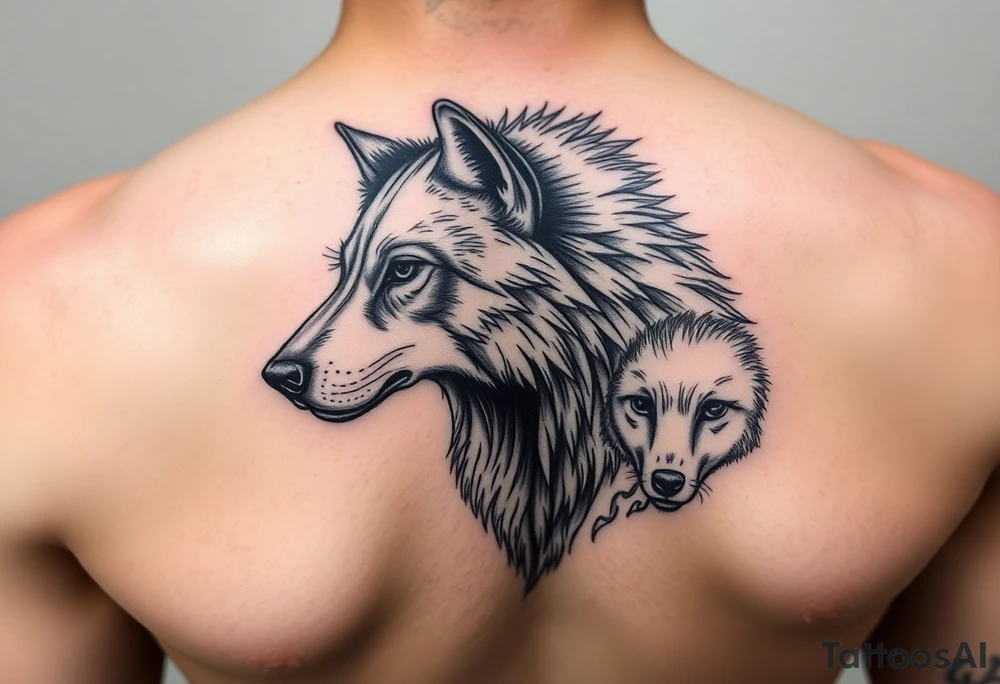A solitary yet sublime and noble wolf and its progeny. the face tattoo idea