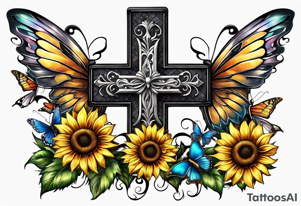 Winged cross with sunflower and butterflies tattoo idea