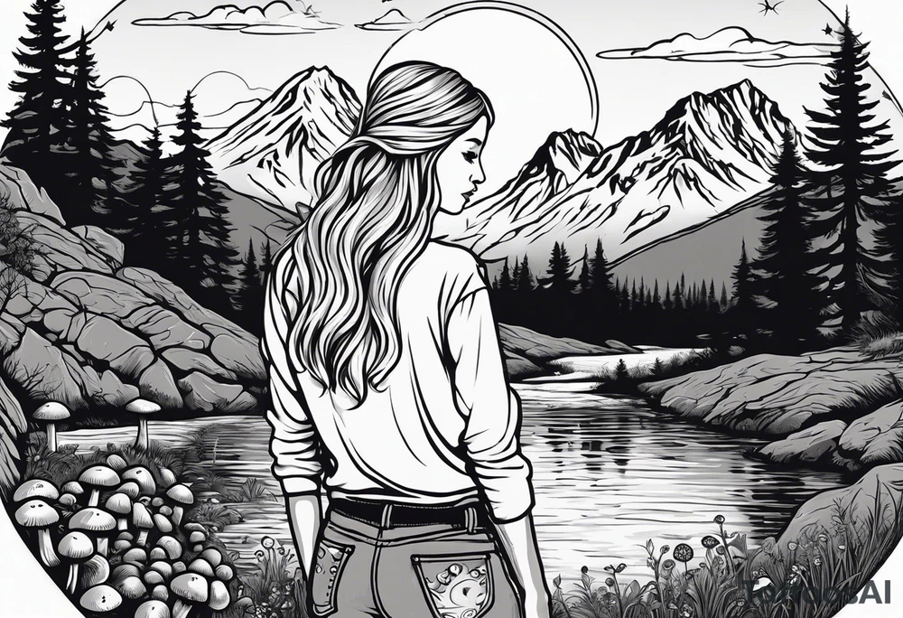 Whole picture encircled fully

Straight long blonde hair hippie girl in distance holding mushrooms in hand facing away toward mountains and creek surrounded by mushrooms long sleeve shirt and hiking pants; whole rendering within a full circle, no cut off circle tattoo idea