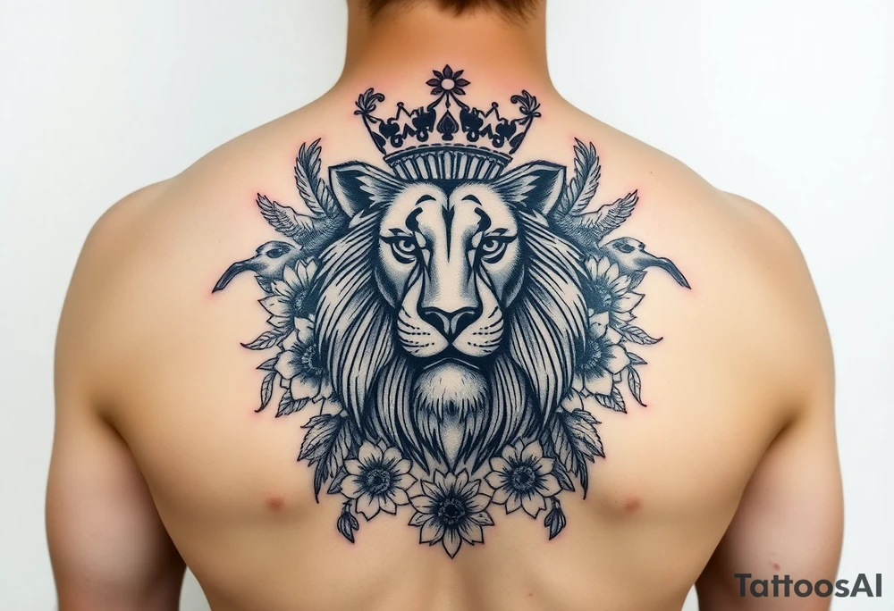 powerful majestic lion with a crown, surrounded by floral ornaments and birds tattoo idea