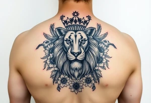 powerful majestic lion with a crown, surrounded by floral ornaments and birds tattoo idea
