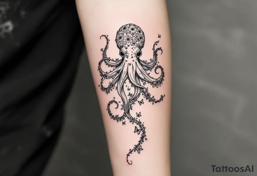 A simple fine-line tattoo design of a single octopus made entirely of flowers and butterflies. The octopus’s tentacles are shaped like flowing floral vines with leaves and petals, and its body is composed of overlapping blossoms and butterfly wings. Incorporate sacred geometry. The style is minimalist, elegant, and nature-inspired, with delicate black and grey lines, soft shading, and no outlines. No aquatic or marine elements besides the floral octopus. Simple. The design flows organically down the upper arm or shoulder, with a light, airy feel, minimalist tattoo idea
