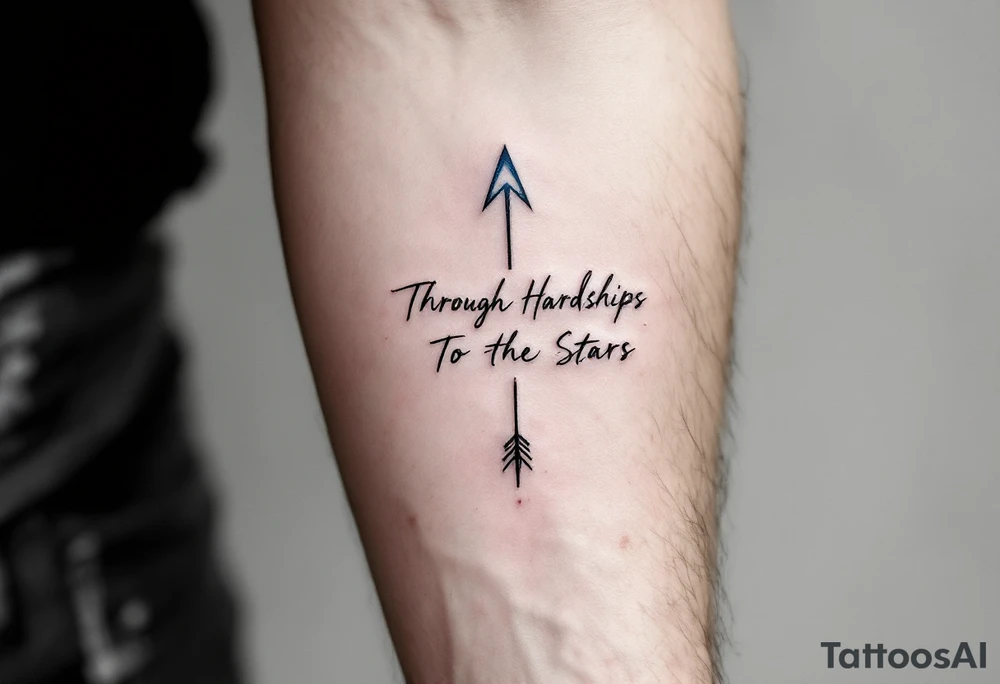 Scrawled in ink that fades from cobalt to silver, the quote “Through Hardships To the Stars” runs under an arrow piercing the clouds skyward. tattoo idea