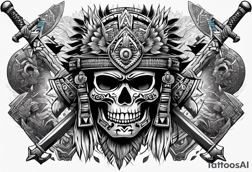 Aztec warrior skull with aztec symbols and weapons and tiger tattoo idea
