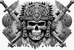 Aztec warrior skull with aztec symbols and weapons and tiger tattoo idea