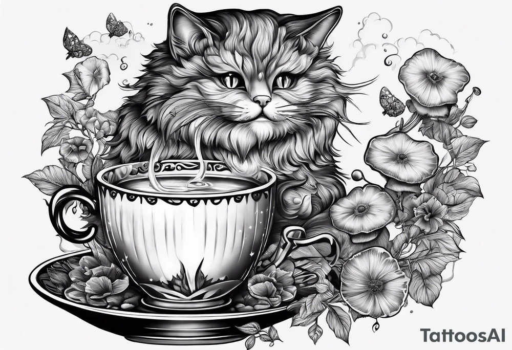 A mysterious cat taking a hot mushrooms cup of tea tattoo idea