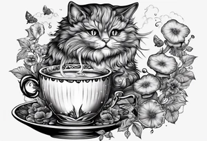 A mysterious cat taking a hot mushrooms cup of tea tattoo idea