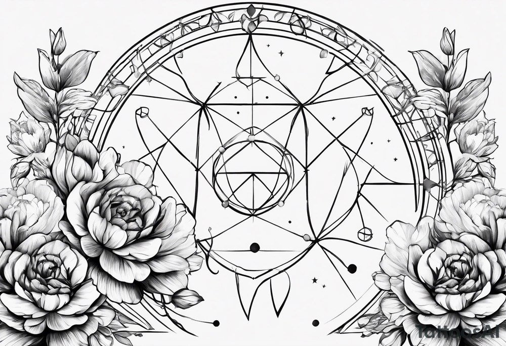 I would like a tattoo based around my My natal chart. I am a libra son, Leo Moon and Sagittarius rising. I would like to Incorporate of floral design, specifically , peonies Or roses. I also like geometric designs, and I would like to have vines included. tattoo idea