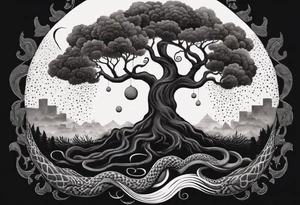 A tree reaching the sky with the roots reaching hell, having a snake around it. All based on Carl Jung ideas. tattoo idea