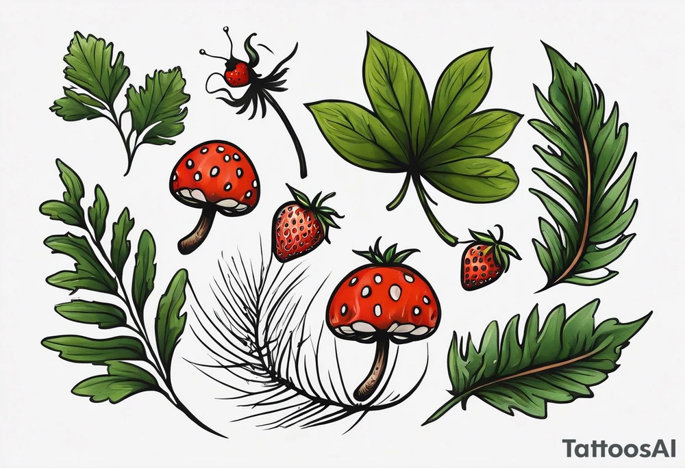 forest floor inspired minimalist tattoo, which includes grass, curly ferns, moss and dead leaves as the bulk of the tattoo. details to include: three very tiny strawberries, a tiny bumblebee flying nearby, three small brown mushrooms
Generate a vertically long one tattoo idea