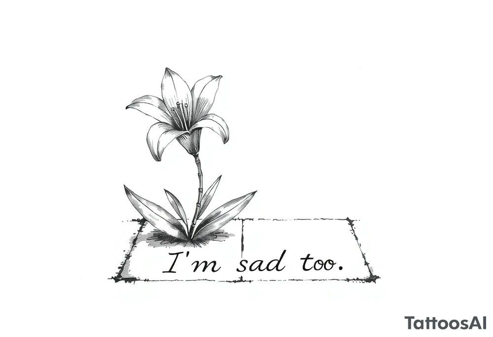 Lily growing out of tile floor with the words I’m sad too written small in the grout between two tiles tattoo idea