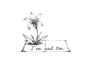 Lily growing out of tile floor with the words I’m sad too written small in the grout between two tiles tattoo idea
