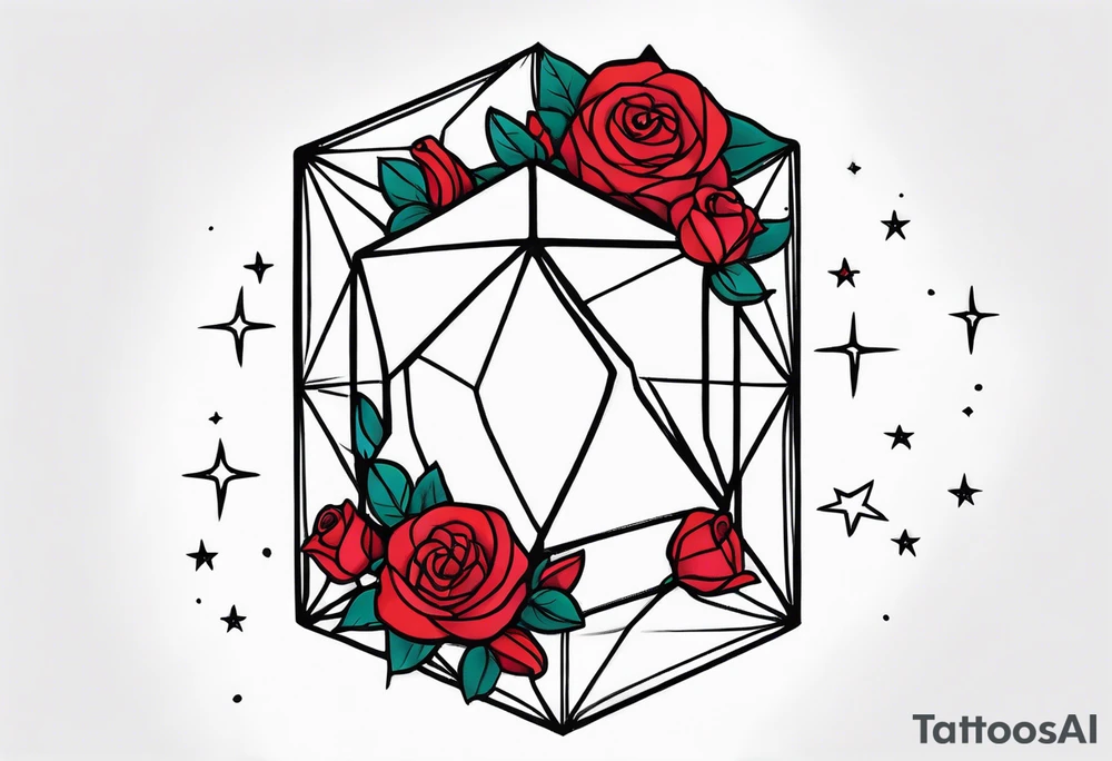 Elongated tesseract with small roses and stars around it tattoo idea