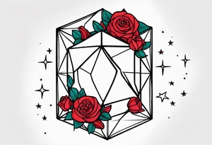Elongated tesseract with small roses and stars around it tattoo idea