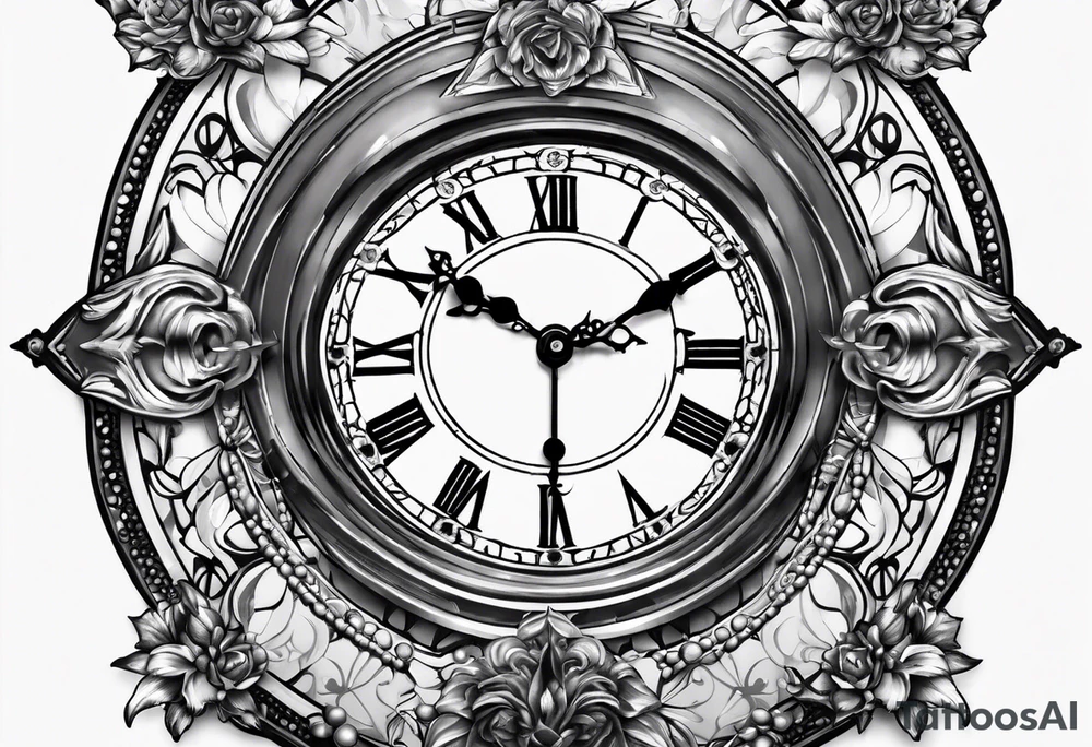 2 heads, timeless clock, rosary tattoo idea