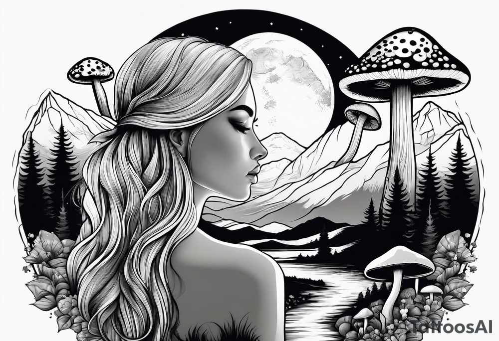 Straight blonde hair girl facing away mountains surrounded by mushrooms crescent moon tattoo idea
