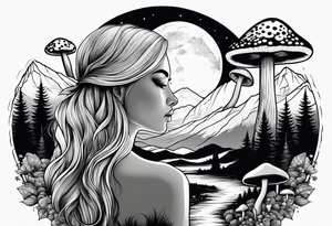 Straight blonde hair girl facing away mountains surrounded by mushrooms crescent moon tattoo idea