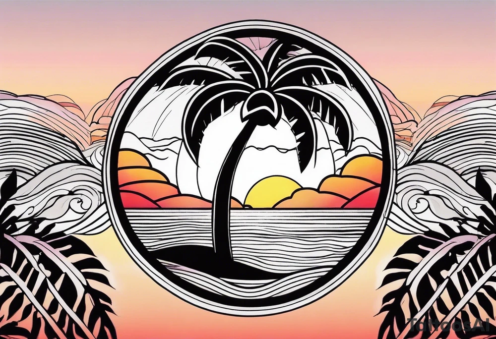 palm tree front of a sunset and waves tattoo idea