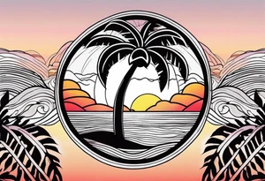 palm tree front of a sunset and waves tattoo idea