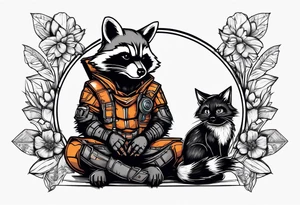 Rocket raccoon sitting with a small black cat tattoo idea