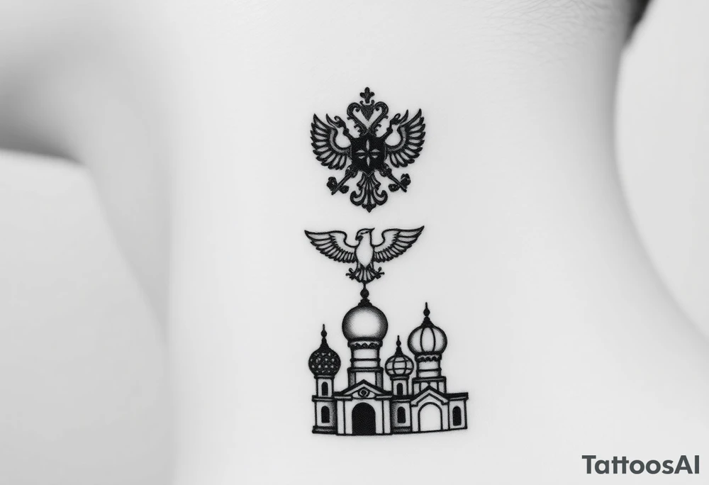Stacked Vertical Column 

Russian star — small, bold
Middle: Miniature double-headed eagle — simplified, cleaner lines to suit the smaller space
Bottom: Orthodox church dome(s) with a small Virgin Mary silhouette beneath tattoo idea