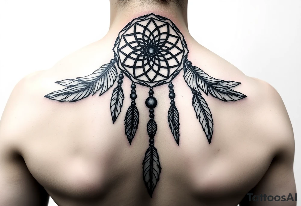 native dreamcatcher with flowing feathers and sacred beads tattoo idea