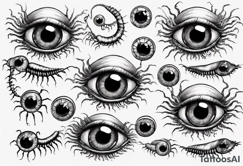 eyeball centipede with several heads tattoo idea