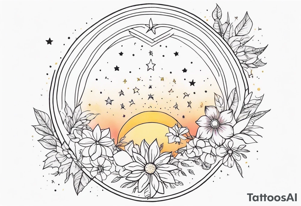 fine line with sun, stars, floral, dots. Sternum tattoo tattoo idea