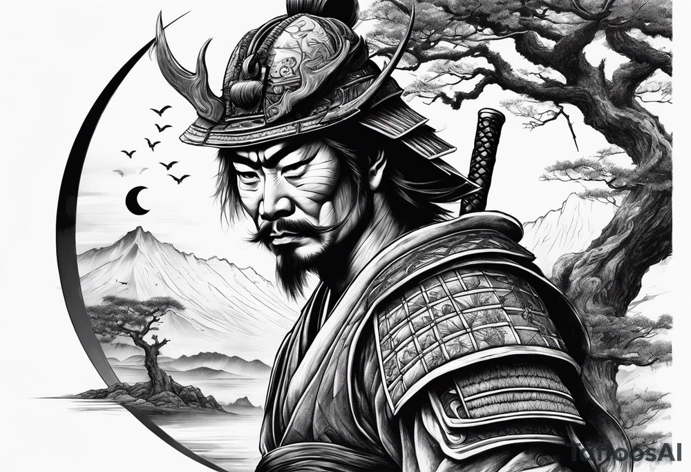 samurai with helmet with quarter moon and dead tree in the background tattoo idea