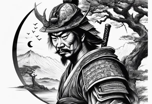 samurai with helmet with quarter moon and dead tree in the background tattoo idea